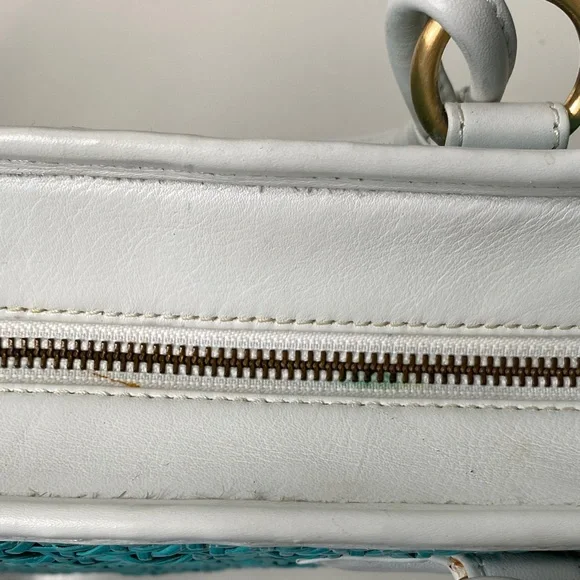 Inge Trapezoid Shoulder Bag Satchel‎ in Turquoise Cane, White Trim, Linen Lining - Picture 8 of 15